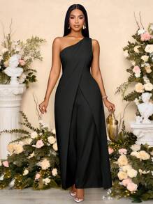 SOLERSUN Women's Spring Summer Fashionable Daily One Shoulder Sleeveless Slit Wide Leg Jumpsuit - Black - View 5