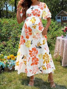 SHEIN Maternity Dress With Double Layer Ruffled Sleeves, Round Neck, Ruffled Hem Long Digital Print Dress - Multicolor - View 1