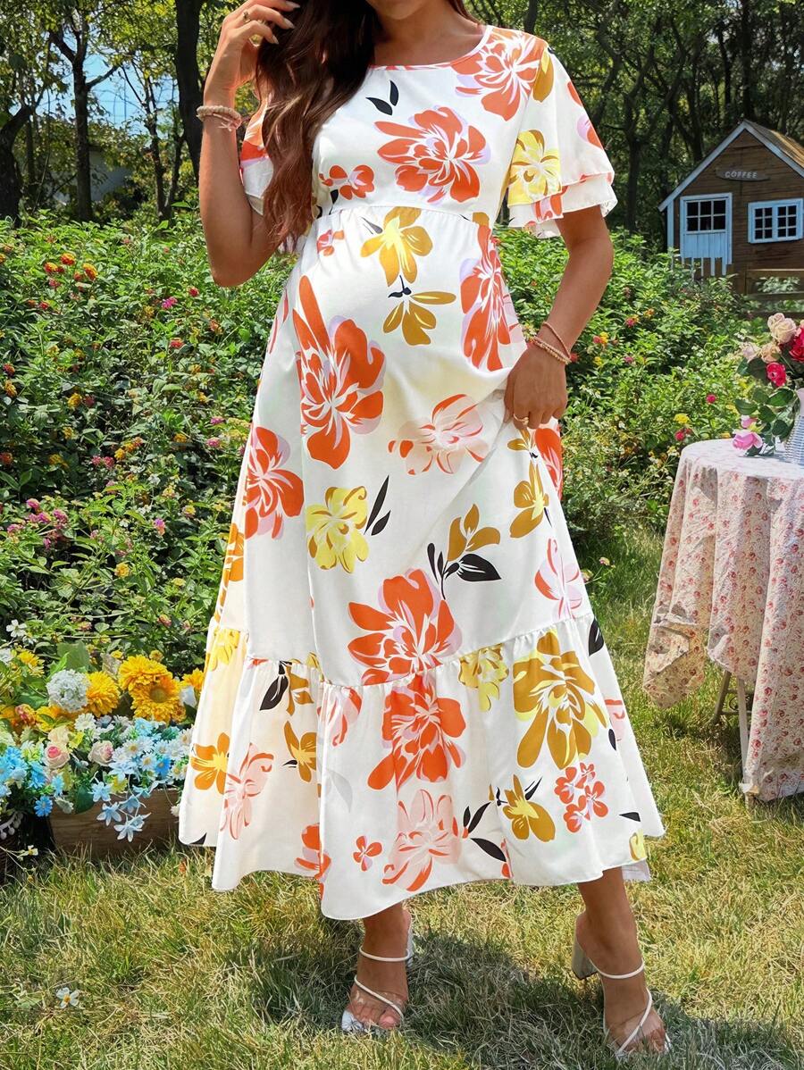 SHEIN Maternity Dress With Double Layer Ruffled Sleeves, Round Neck, Ruffled Hem Long Digital Print Dress - Multicolor - View 1