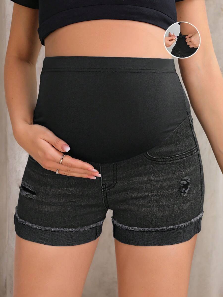 SHEIN Maternity Relaxed Fit Ripped Distressed Denim Shorts - Black - View 1