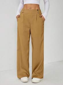 SHEIN PETITE Women's Casual Camel Woven Fabric Long Pants With Zipper Detail And Wide Leg Fit - Camel - View 4