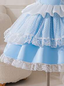 Glamorique Kids Invitată la nuntă Pageboy Fată de flori, Fetiță, Rochie de prințesă, Tiv din dantelă albastră fără mâneci, Țesătură din dantelă cu puncte, Țesătură cu textura satinată, Rochie superbă de petrecere de festival, Ocazie specială, Purtări zilnice, Spectacol pe scenă, Orientul Mijlociu, Europa și America