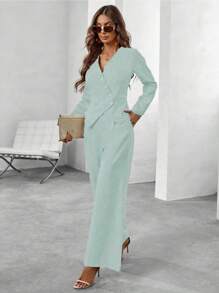 SHEIN Clasi Tailleur donna composto da top a scollo a V e maniche lunghe, di un unico colido, con pantaloni abbinati