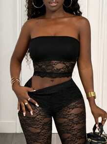 BamGleam Top ajustado de estilo corsé con parches de encaje floral para mujer