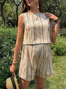 SHEIN 2pcs Maternity Loose Striped Print Round Neck Vest And Shorts Set - Khaki - View 6