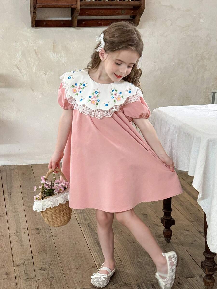 LMoss Kids Young Girl Floral Print Chiffon Ruffle Trim Puff Sleeve Dress - Pink - View 1