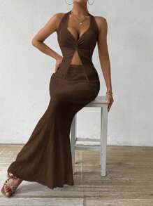 Rafferiza 2pcs/Set Summer Sexy Solid Color Twist Backless Halter Tank Top And Fish Tail Skirt - Brown - View 4