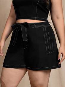 SHEIN MOD Plus Size Black With White Trim Denim Effect Woven Shorts,Summer Outfits For Women ,Festival Outfits For Women,Office Outfits For Women - Black - View 6