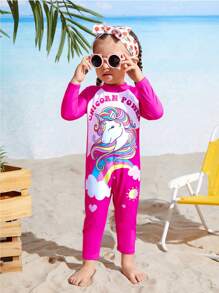 SHEIN Baby Girl Colorblock Unicorn Print One-Piece Swimwear (Placement Print) - Hot Pink - View 3
