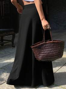 Livesso 女士休闲百搭纯色褶裥A字裙，适合春夏秋季穿着 - 黑色 - 查看 2