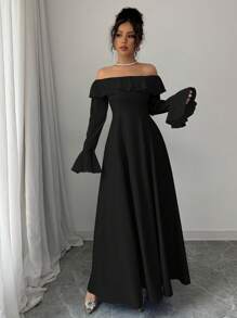 Elenzga 女士新款时尚露肩长裙 - 黑色 - 查看 3