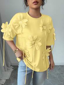 Chiquease Women's French Elegant 3D Flower Light Pink Short Sleeve T-Shirt, Valentine's Day - Yellow - View 3