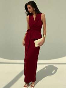 Aloruh 女士两件套优雅纯色裹身吊带背心和裙子，夏季通勤简约休闲优雅修身酒红色套装蕾丝优雅度假装女士前系带上衣