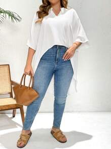SHEIN Essnce Plus-Size Blouse, Asymmetric Blouse, White Blouse, Loose And Comfortable Blouse, Spring Vacation Blouse, Spring Outing Blouse, Ladies' Outings Blouse,Going Out Tops Women Cute Tops Summer Outfits For Women Cute Summer Tops