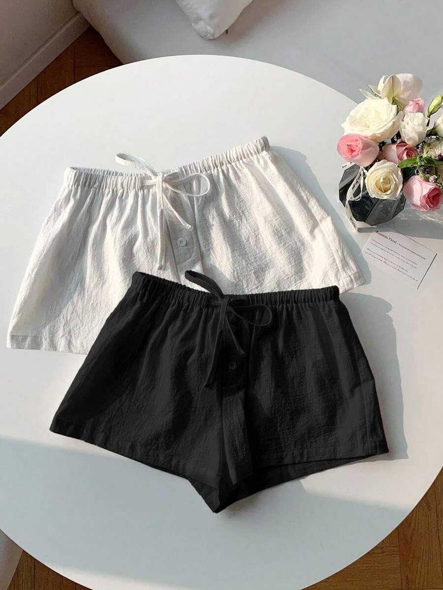 Comfortcana 2 件装女士新款亚麻条纹短裤 - 黑與白 - 查看 1