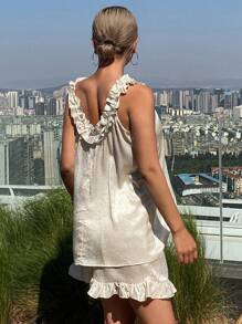 DAZY 女士 2 件套缎面荷叶边吊带背心短裤睡衣套装 - 米色 - 查看 3