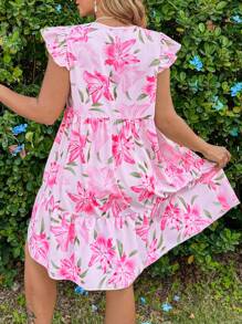 SHEIN VCAY Plus Size Women Floral Print Round Neck Cap Sleeves Casual Dress Graduation Dress Sun Dress Summer Outfits For Women Easter Outfit Women Festival Rave Bohemia Graduation Wedding Guest Dress Women Vacation Boho Festival Outfits Country Concert Outfit Brunch Outfits For Women Easter Outfit Curve - Multicolor - View 2
