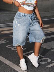 Dripcurv Quần short denim xanh nhạt cỡ lớn dành cho nữ, thiết kế viền tua rua cổ điển, hoàn hảo cho kỳ nghỉ hè. - Màu xanh lam - Xem 4