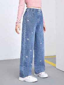 SHEIN Tween Girls' New Y2K Washed Blue Casual Loose Playful Heart Embroidered Straight Leg Jeans, Suitable For Daily Fashionable Wear