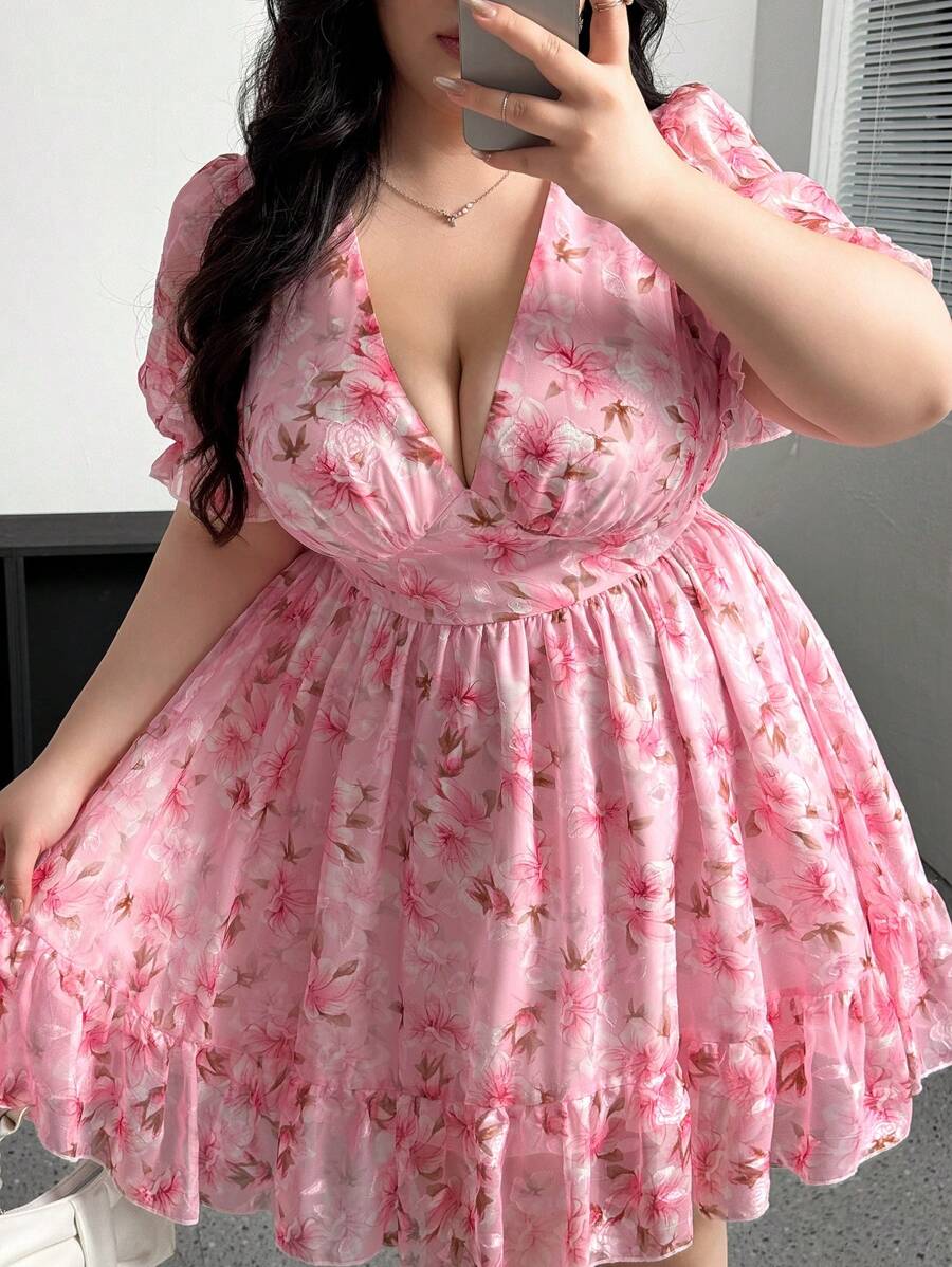 Flirla 浪漫透明雪纺碎花长袖荷叶边下摆迷你连衣裙，复古法式风格，优雅初秋、情人节 - 粉色 - 查看 1