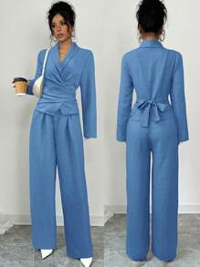 Firerie Women Regular Elegant Solid Color Long Sleeve Wrap Blouse And Pants Set, Suitable For Commute And Business, Spring/Summer/Fall - Blue - View 7