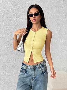 SHEIN EZwear 女士纯色单排扣圆领修身休闲背心 - 黃色 - 查看 5