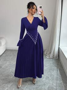 Elenzga 奢华女士褶皱珍珠串珠长袖 V 领收腰 A 字型优雅浪漫晚礼服 - 藏蓝色 - 查看 4