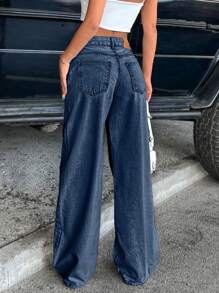 EURMUSE Pantalones vaqueros holgados de pierna ancha con bolsillos, versátiles y casuales para mujer - Azul lavado oscuro - Ver 2