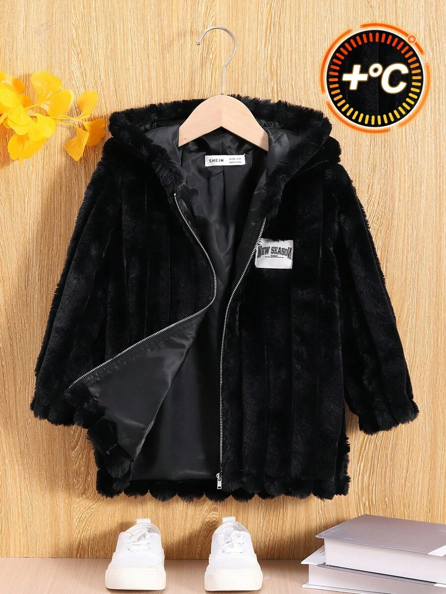 SHEIN Chàng trai trẻ Chi tiết Patched thư áo có mũ Lông cừu áo - màu đen - Xem 1