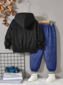 2pcs Kids Young BoyBlack Minimalist Plus Plush Gray Fur Jacket, Leg Binding Plus Plush Pants Two-Piece Set Suitable For Autumn And Winter Seasons - Multicolor - View 2