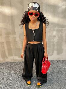 Coolane Kids 青少年女孩春夏街头服饰黑色高腰无袖短款上衣套装两件套服装青少年女孩无袖纽扣编织上衣，搭配宽松直筒裤，2 件套 - 黑色 - 查看 3