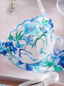 2pcs Set Romantic Embroidered Floral Sexy Women Lingerie Set - Baby Blue - View 5