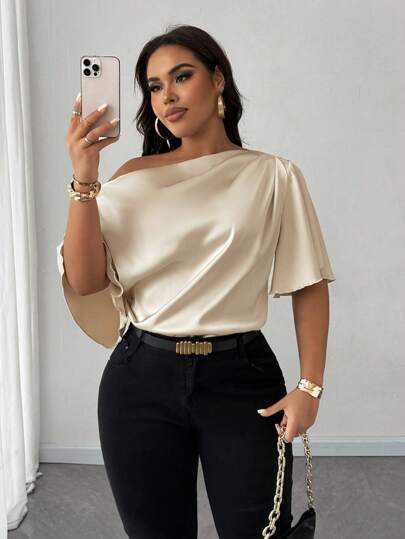 Maweii Blusa de verano elegante y casual con un hombro, mangas cortas y volantes para mujer talla grande