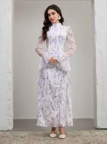 Graceveil Women's Extra Long Floral Print Ruffled Waist Tie Modest Elegant Dress - Multicolor - View 6