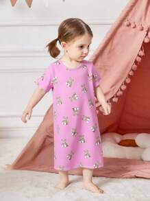 Young Girl Loose Cute Bear Print Ruffled Hem Long Nightgown, White, Summer - Pink - View 1