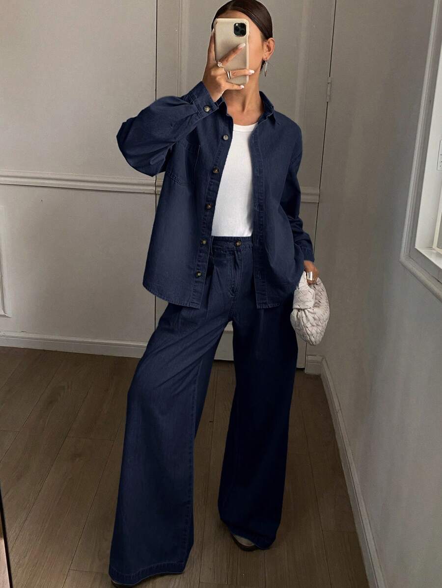 Livesso 女式长袖单排扣牛仔衬衫和裤子套装 - 深色水洗藍 - 查看 1