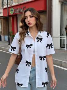 INAWLY 女士休闲蝴蝶印花短袖衬衫，夏季 - 彩色 - 查看 3