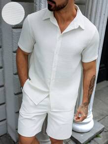 Manfinity CasualCool Men's Summer Casual Solid Color Short Sleeve Shirt And Shorts Set Work Shirts For Men Men Summer Outfits Men Shirt Co Ords Men Clothes Men Shirt Co Ords Sets For Men Men Shirt Co Ords