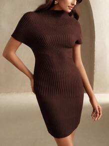 Anewsta Rochie pulover asimetrică elegantă cu decolteu fals pentru femei, potrivită pentru primăvară, vară, elegantă, vacanță, întâlnire de noapte - cafea maro - Vizualizare 3