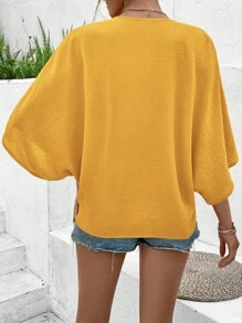EMERY ROSE Women's Boho Elegant Romantic Butter Yellow Concert Beach Vacation Leisure Casual Travel Loose V-Neck Batwing Sleeve Button Spring And Summer New Going Out Tops Women Blouse - Yellow - View 2