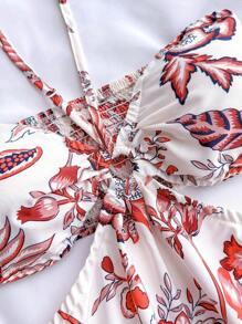 SHEIN Teen Girl Red & White Vacation Positioning Print, Halter Neck Hollow Out Cinched Waist Casual Vacation Dress
