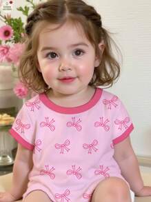 SHEIN Cute Sweet Pink Bow Printed Casual Minimalist Baby Girl Short Sleeve Round Neck Top, Suitable For Summer - Multicolor - View 1