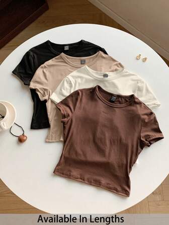 SHEIN Tall CURVE 4 Stücke Set Einfarbige Slim Fit Rundhals T-Shirts mit Kurzarm in Große Größen, geeignet für den Sommer