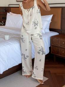 Livesso Conjunto de pijama con top sin mangas de cuello de corbata con estampado completo de estilo chino y pantalones rectos - Azul - Ver 5