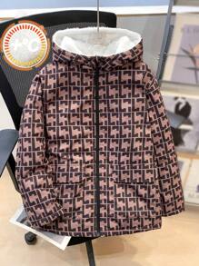 SHEIN Tween 男童休闲日常图案印花连帽加厚拉链夹棉外套 - 彩色 - 查看 2