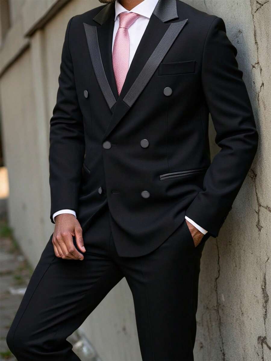 Manfinity Mode Men's Double-Breasted Suit Set: Jacket And Pants - Black - View 1