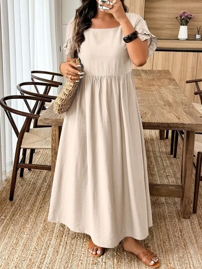 EMERY ROSE 大码褶皱喇叭下摆连衣裙，夏季时尚