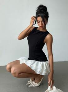 Aloruh Elegant Black & White Contrast Ruffle Hem Mini Dress, Summer - Black and White - View 1