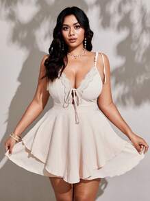 Viva Relle Plus Size Women's Elegant Suspender Tied Lace Decor Fashionable Jumpsuit, Versatile Spring/Summer New Arrival, Short Style - Apricot - View 3