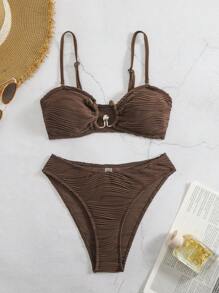 Swim Vcay Women's Solid Color Textured Swimsuit Set, For Vacation & Beach For Summer - Brown - View 1